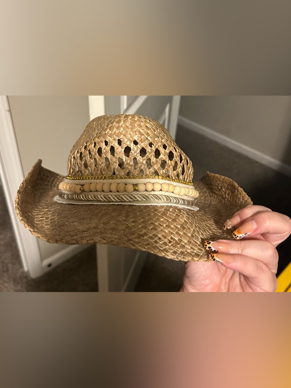 Woven Straw Fedora Hat with Bead & Chain Trim - Natural - Picture 2 of 7